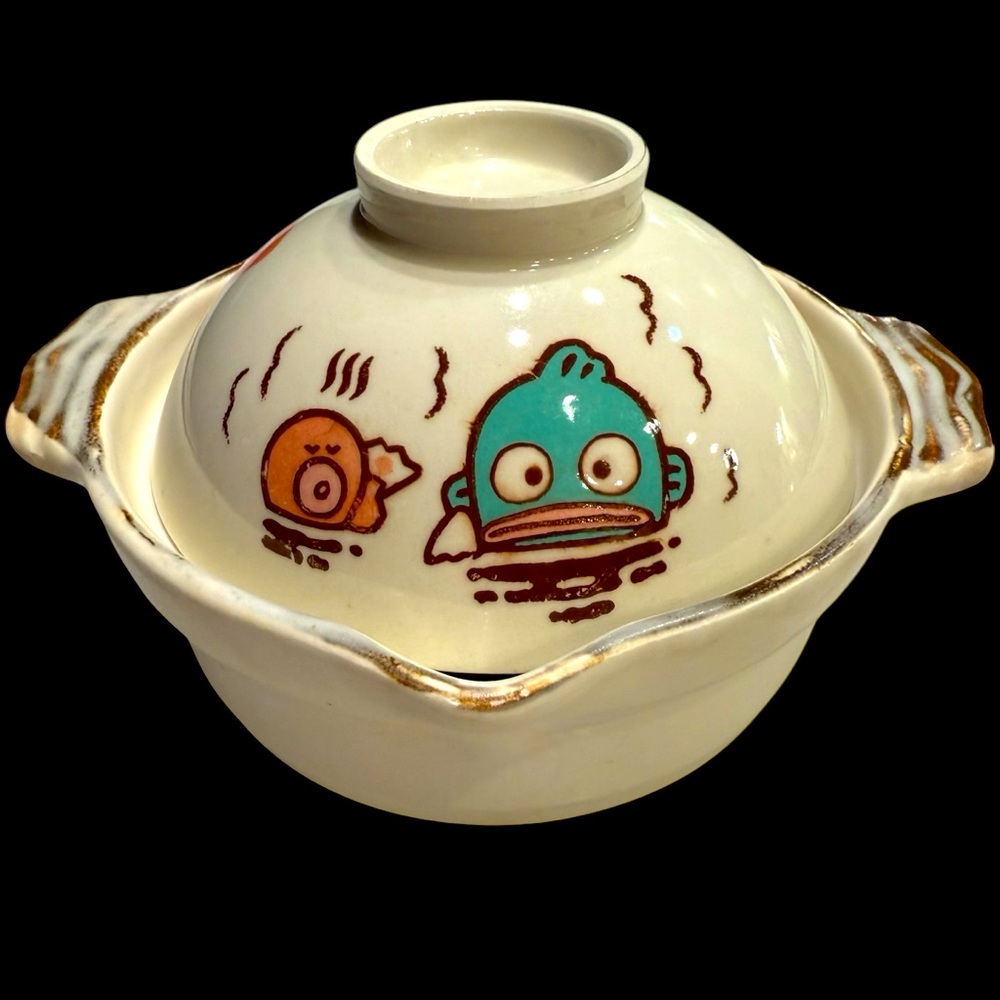 Vintage Sanrio 1985 Hangyodon Mini Clay Pot & Soup Bowl Lid 18 x 9 cm Japan Rare